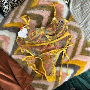 pickle. Yellow Embroidered Floral Lace Lingerie Set
